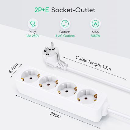 Aigostar - Verlängerungskabel 4Z Typ F 1,5m weiß SCHUKO