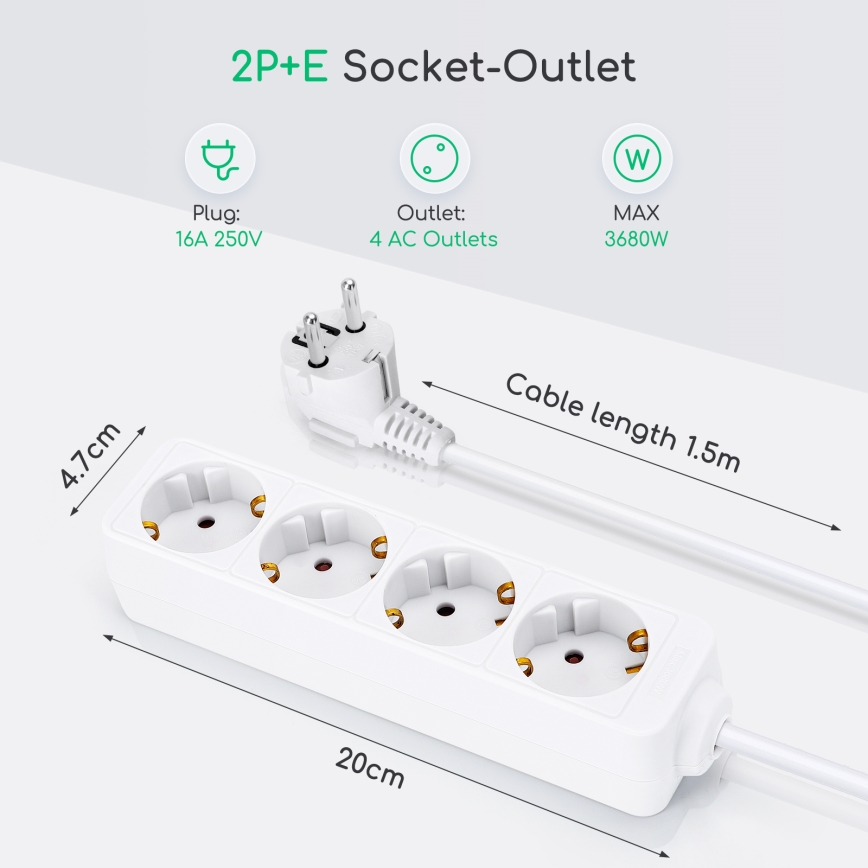 Aigostar - Verlängerungskabel 4Z Typ F 1,5m weiß SCHUKO