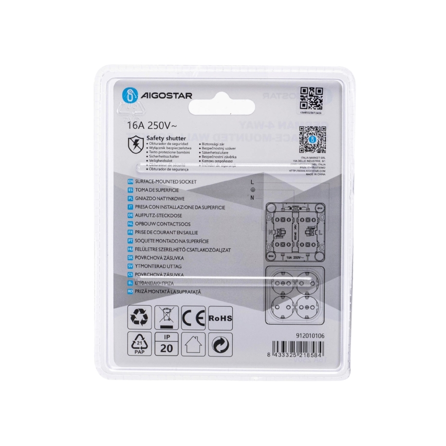 Aigostar - Vierfach-Wandsteckdose SCHUKO 250 V weiß