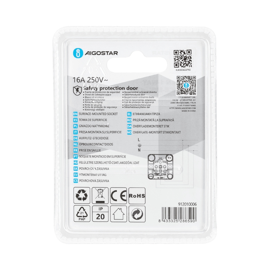 Aigostar - Wandsteckdose SCHUKO 250 V weiß