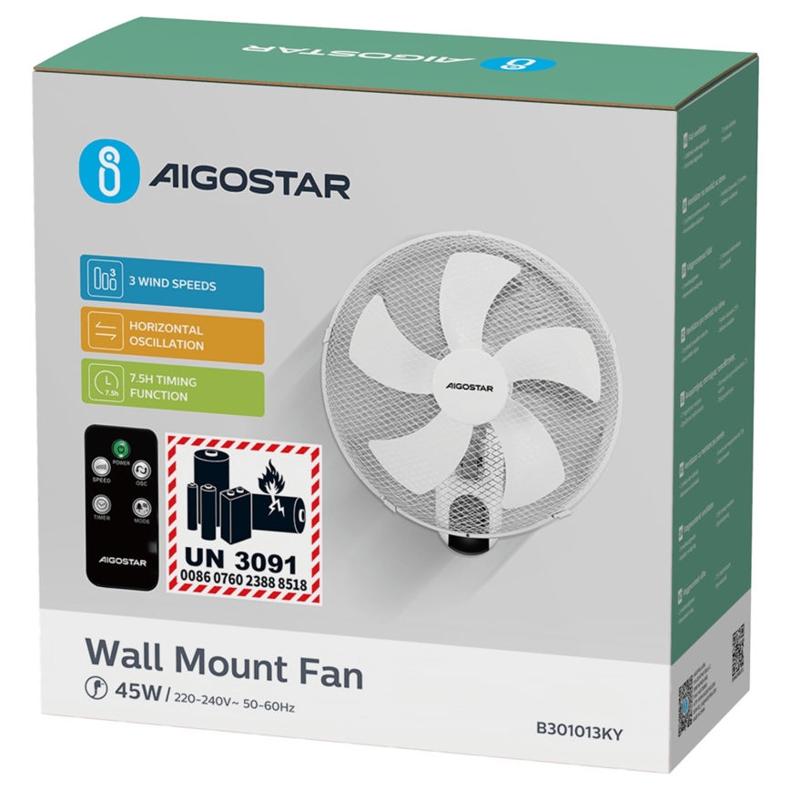 Aigostar -  Wandventilator 45W/230V weiß + Fernbedienung