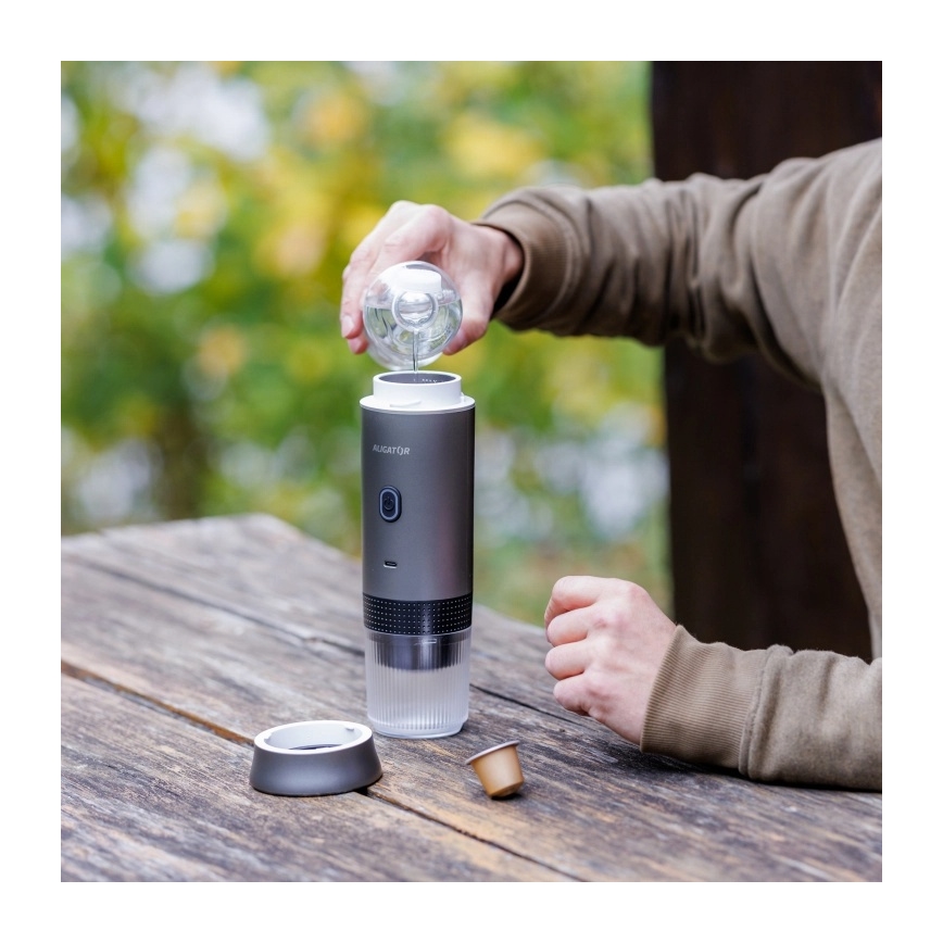 Aligator ACM002 - Tragbare, wiederaufladbare Reisekaffeemaschine PortaCaffé 3‑in‑1, 72 W / 7500 mAh, grau