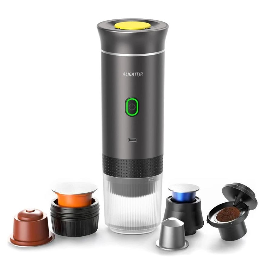 Aligator ACM002 - Tragbare, wiederaufladbare Reisekaffeemaschine PortaCaffé 3‑in‑1, 72 W / 7500 mAh, grau