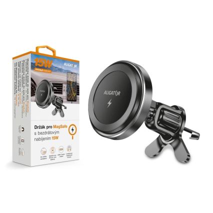 Aligator AMS05BK - magnetische Autohalterung für Smartphones mit kabellosem Qi-Laden (15 W) und MagSafe, schwarz