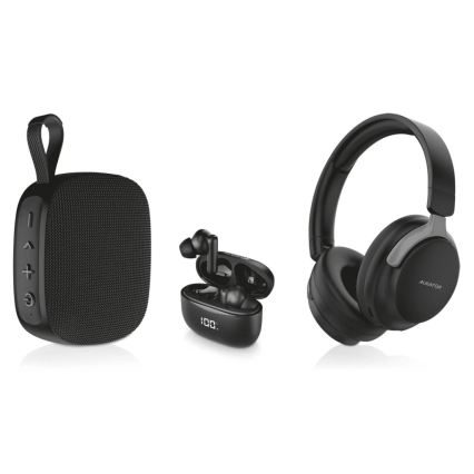 Aligator AUC001 - Audio-Combo 3-in-1: Over-Ear-Kopfhörer (150 mAh), kabellose In-Ear-Ohrhörer (200 mAh + 2×30 mAh) und Lautsprecher (1200 mAh)