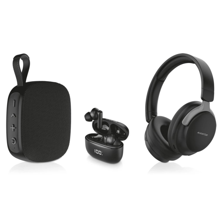 Aligator AUC001 - Audio-Combo 3-in-1: Over-Ear-Kopfhörer (150 mAh), kabellose In-Ear-Ohrhörer (200 mAh + 2×30 mAh) und Lautsprecher (1200 mAh)