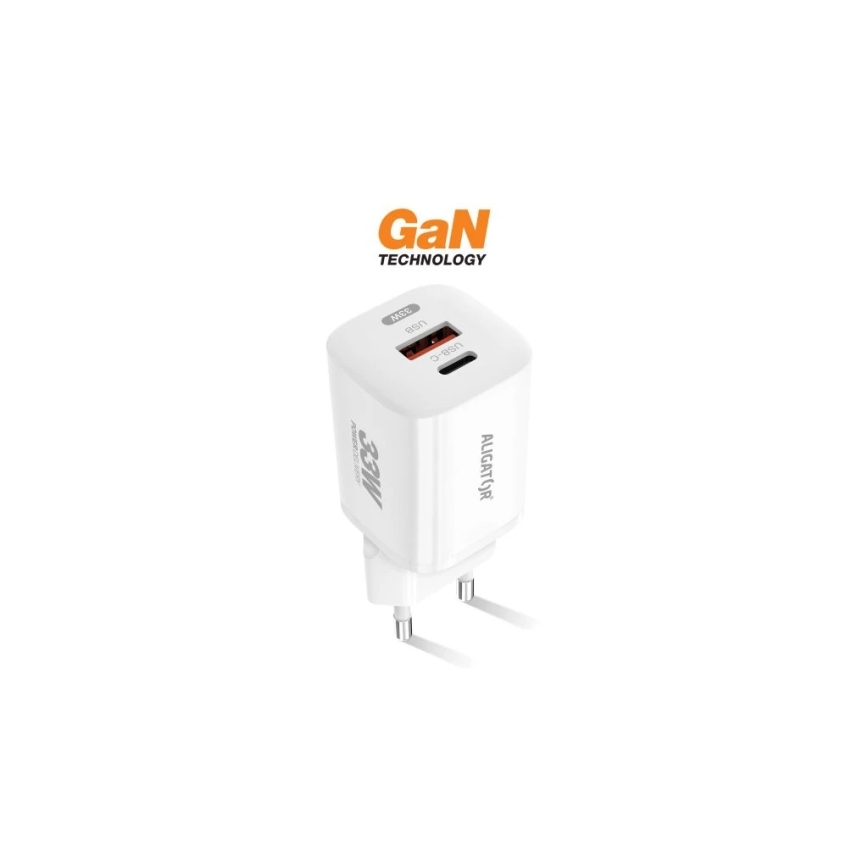 Aligator CHPD0020 - Schnellladeadapter GaN Power Delivery 33W USB-A + USB-C weiß