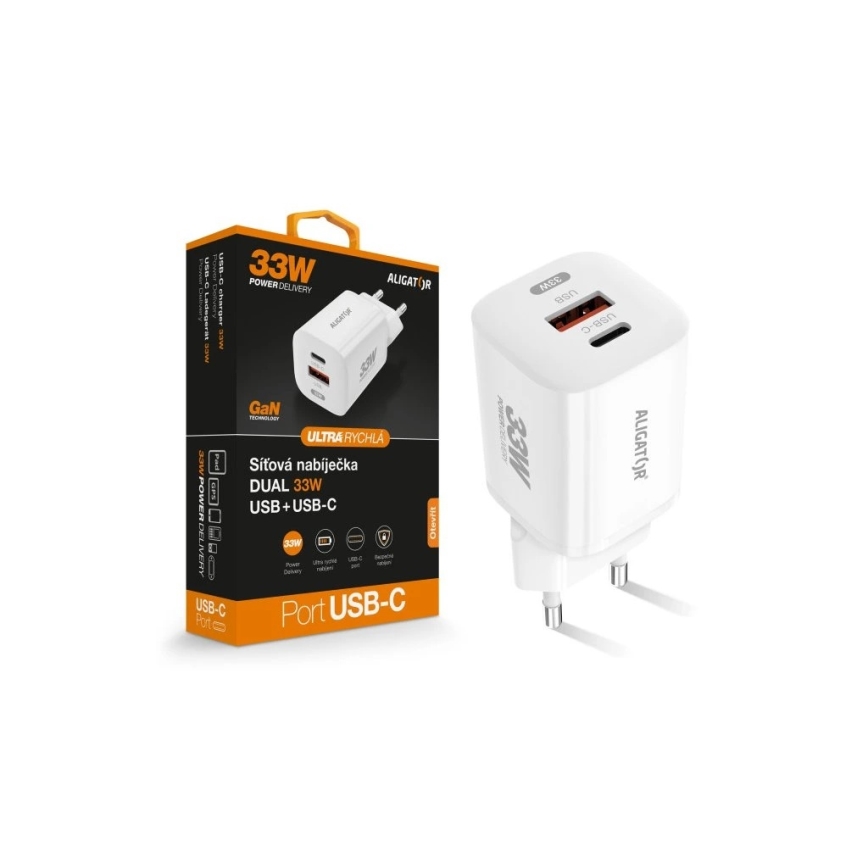 Aligator CHPD0020 - Schnellladeadapter GaN Power Delivery 33W USB-A + USB-C weiß