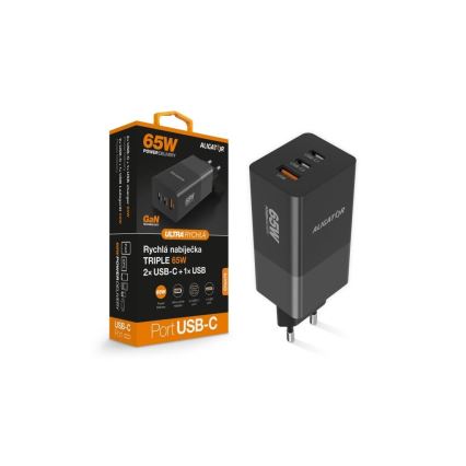 Aligator CHPD0027 - GaN-Schnellladeadapter mit Power Delivery 65W, 2x USB-C + USB-A, schwarz