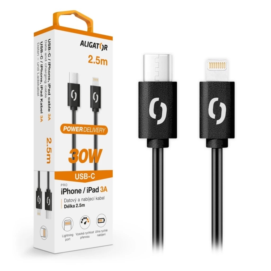 Aligator DATKP60 - USB-Kabel USB-C/Lightning, 30 W Power Delivery, 2,5 m, schwarz