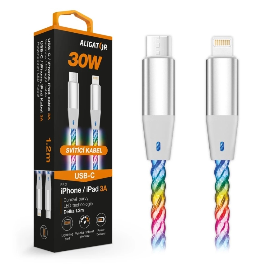 Aligator DATKP63 - USB-Kabel USB-C / Lightning mit LED-Beleuchtung 30W Power Delivery 1,2m