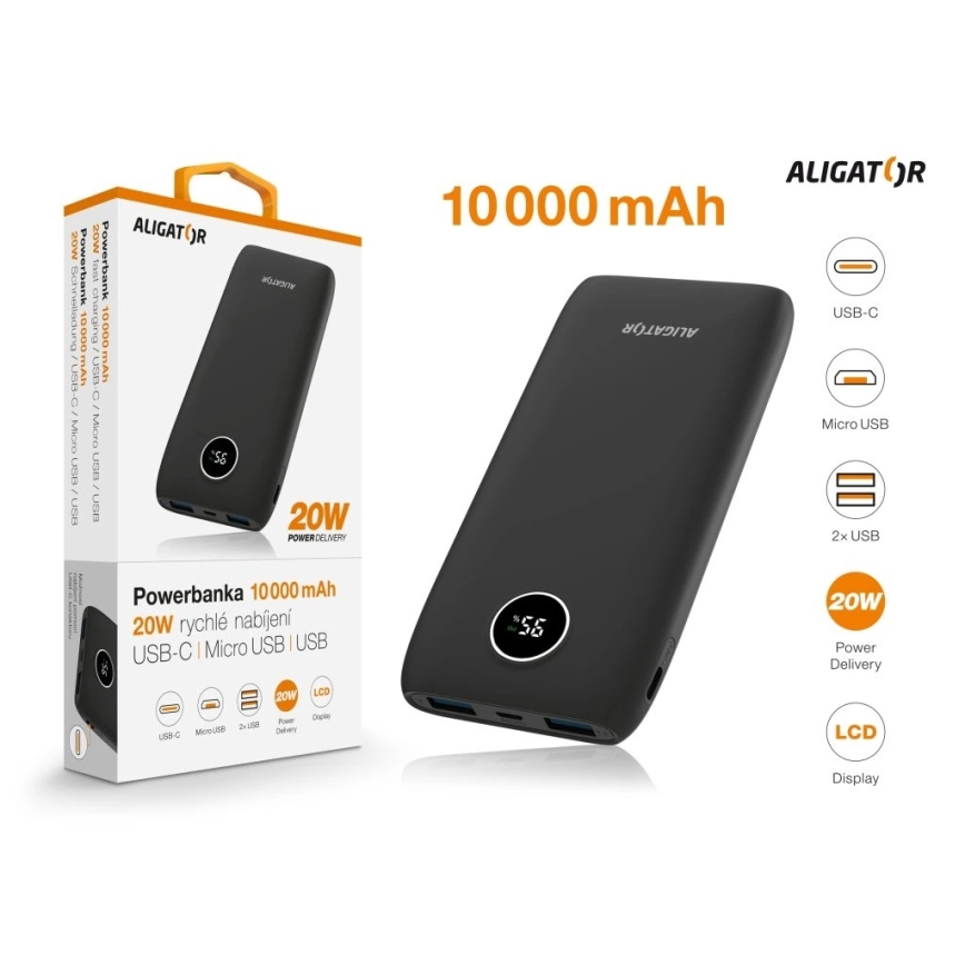 Aligator PBPD10BK - Powerbank mit LCD-Display Power Delivery 10000 mAh/20W/3,7V schwarz