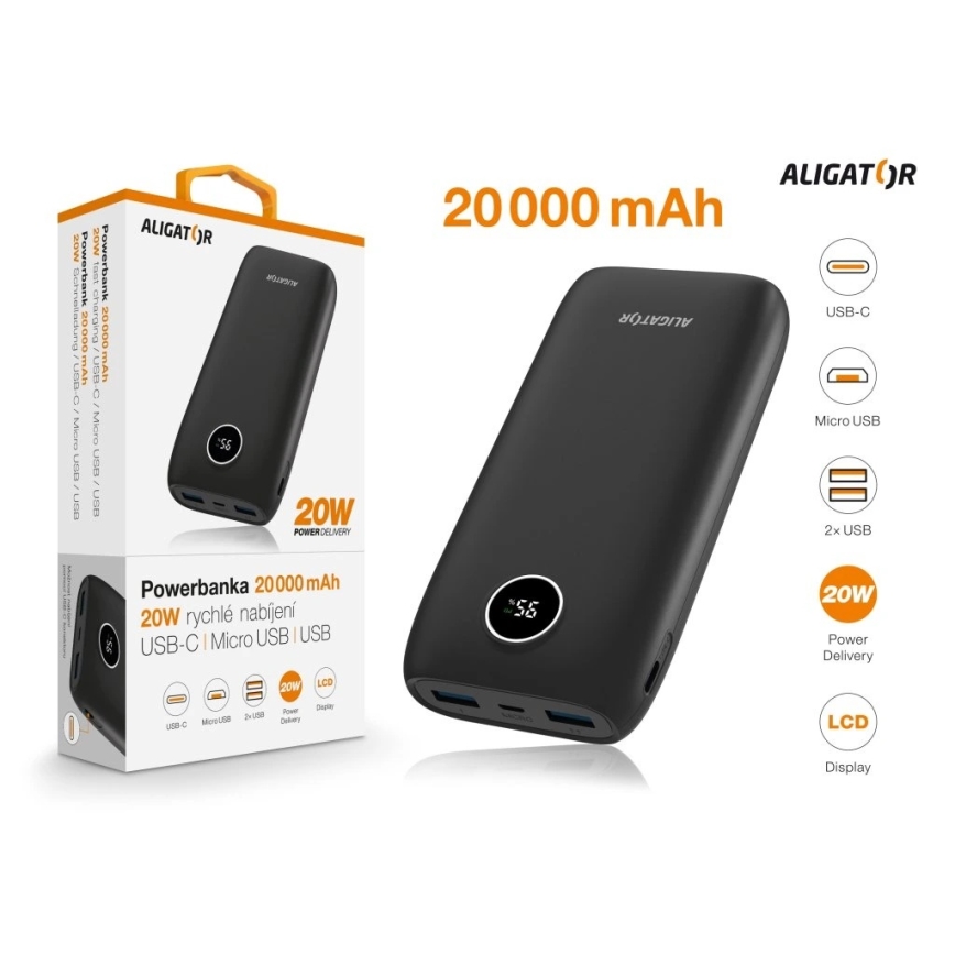 Aligator PBPD20BK - Powerbank mit LCD-Display Power Delivery 20000 mAh/20W/3,7V schwarz