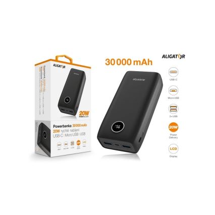 Aligator PBPD30BK - Powerbank mit LCD-Display Power Delivery 30000 mAh/20W/3,7V schwarz