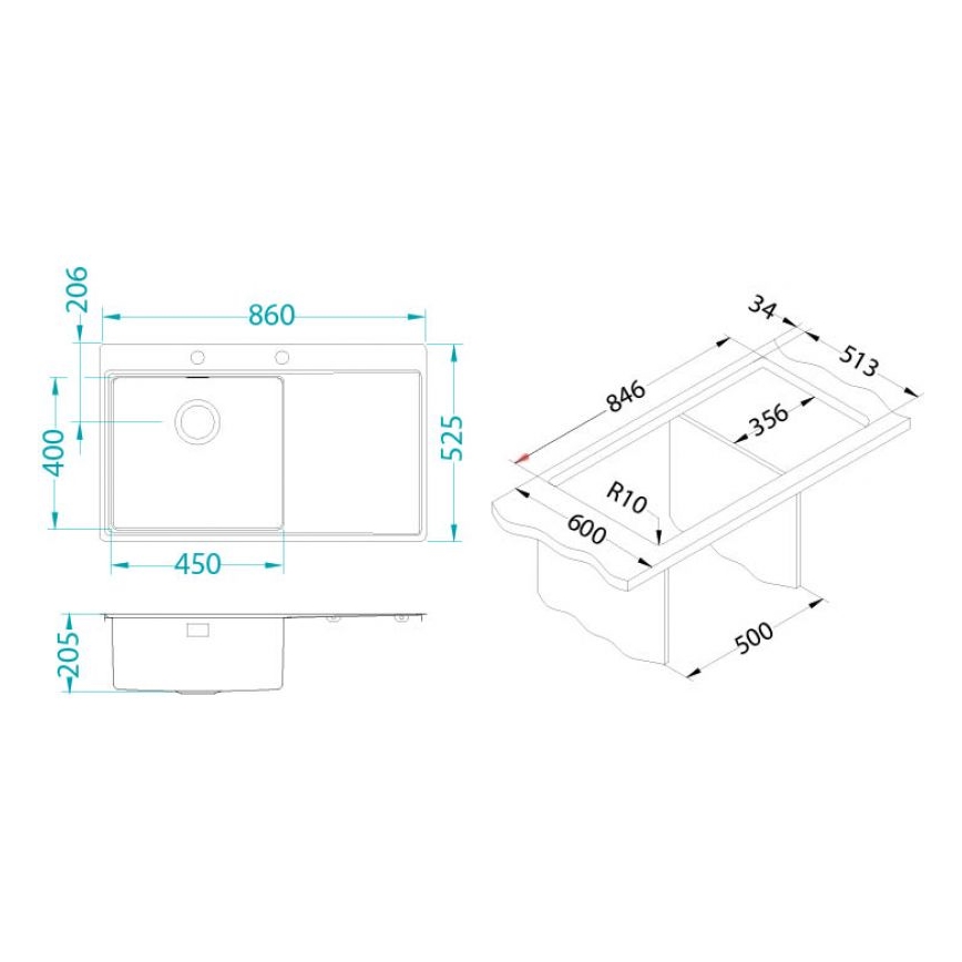 ALVEUS 1103652 - Spülbecken PURE 86x52,5 cm satin, links