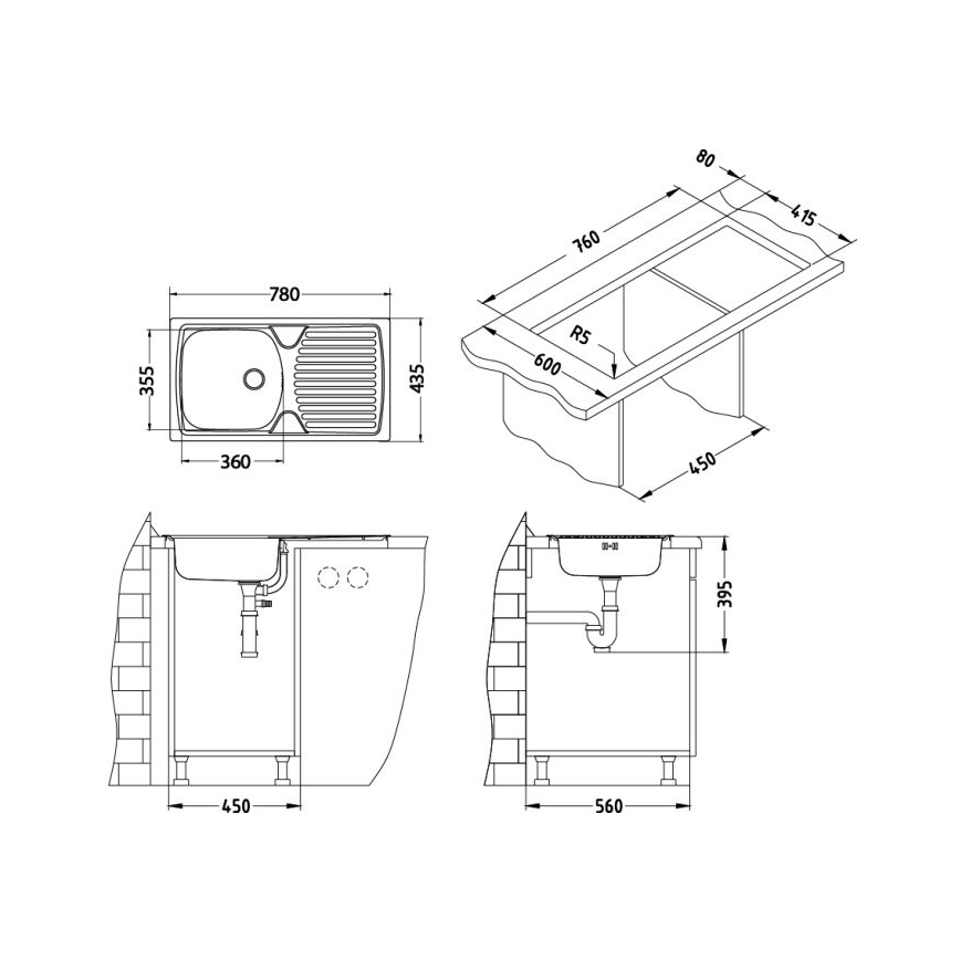 ALVEUS 1136534 - Küchenspüle BASIC 78x43,5 cm mattierter Edelstahl/Satin, kleiner Abfluss