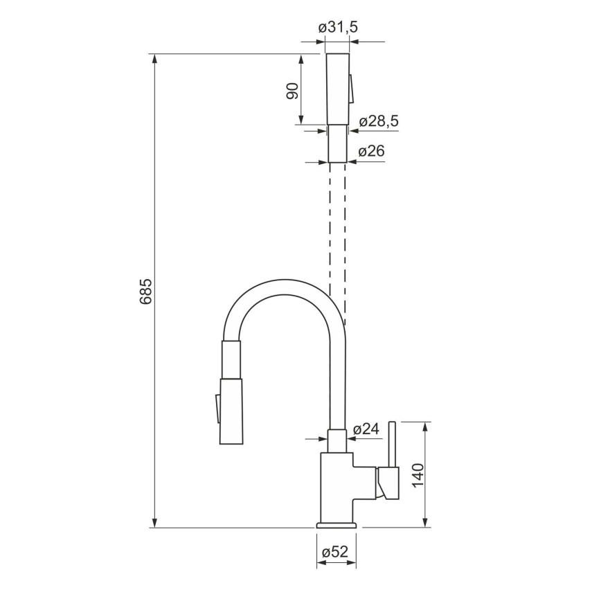 ALVEUS KI112111 - Wasserhahn/Armatur mit flexiblem Arm und Sprühfunktion BEA 47 cm Messing/glänzendes Chrom/schwarz