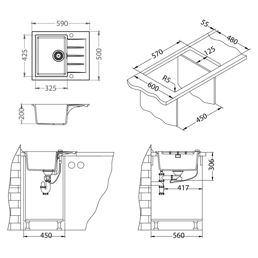 ALVEUS SETA23230 - Küchenspüle CADIT 59x50 cm + Spülenarmatur mit flexiblem Auslauf MINTAS 34 cm Granit/matt schwarz