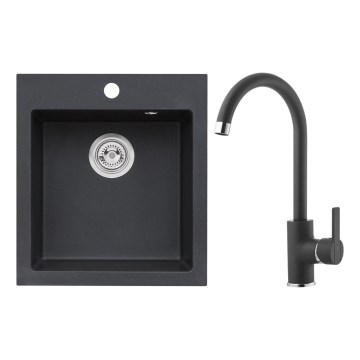 ALVEUS SETA737 - Küchenspüle CORTINA 50x45 cm + Spültischarmatur TONIA 29,5 cm mit flexiblem Auslauf, Granit/mattes Schwarz