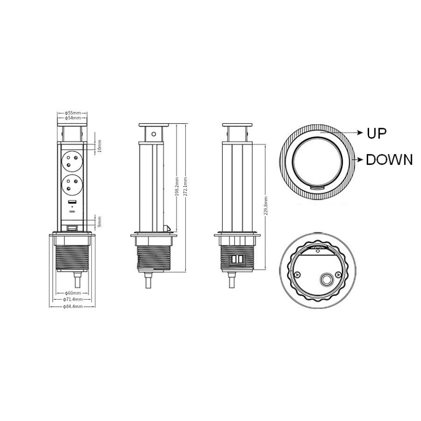 Anschlusssäule für Tischplatte 2x230V + USB-A + USB-C