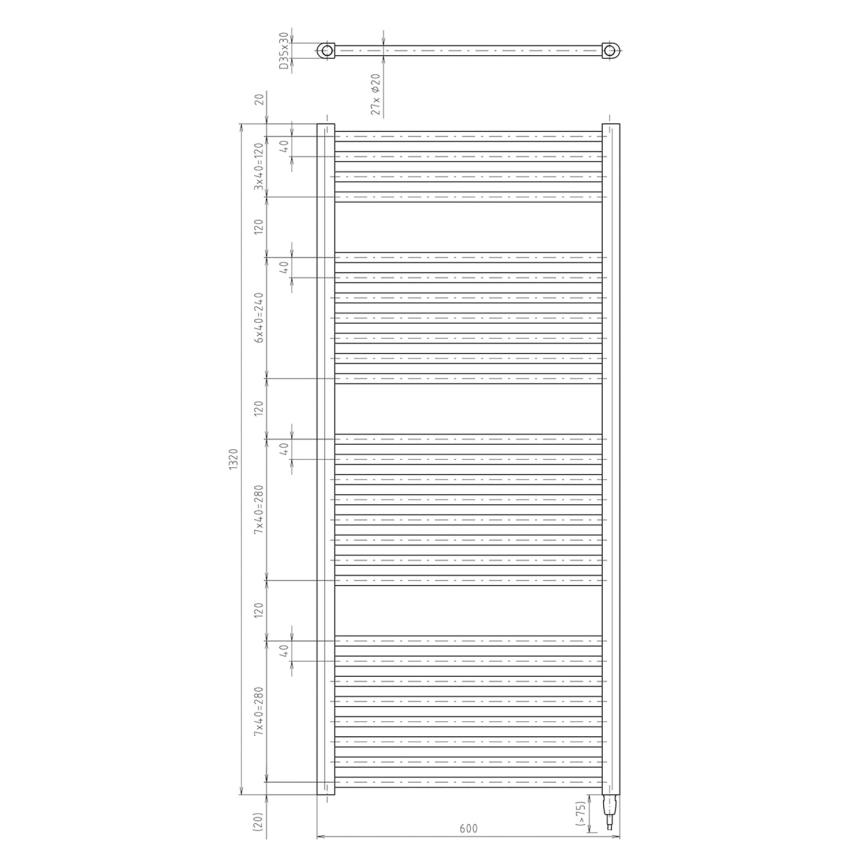 Aqualine - Elektrischer Badheizkörper DIRECT-E 600W 132x60 cm matt schwarz