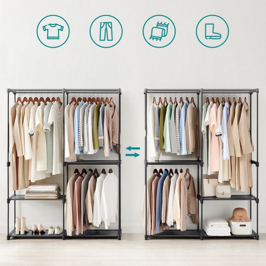 Aufbewahrungsschrank MATIS 138x182 cm, schwarz, mit Regalböden und Kleiderstange