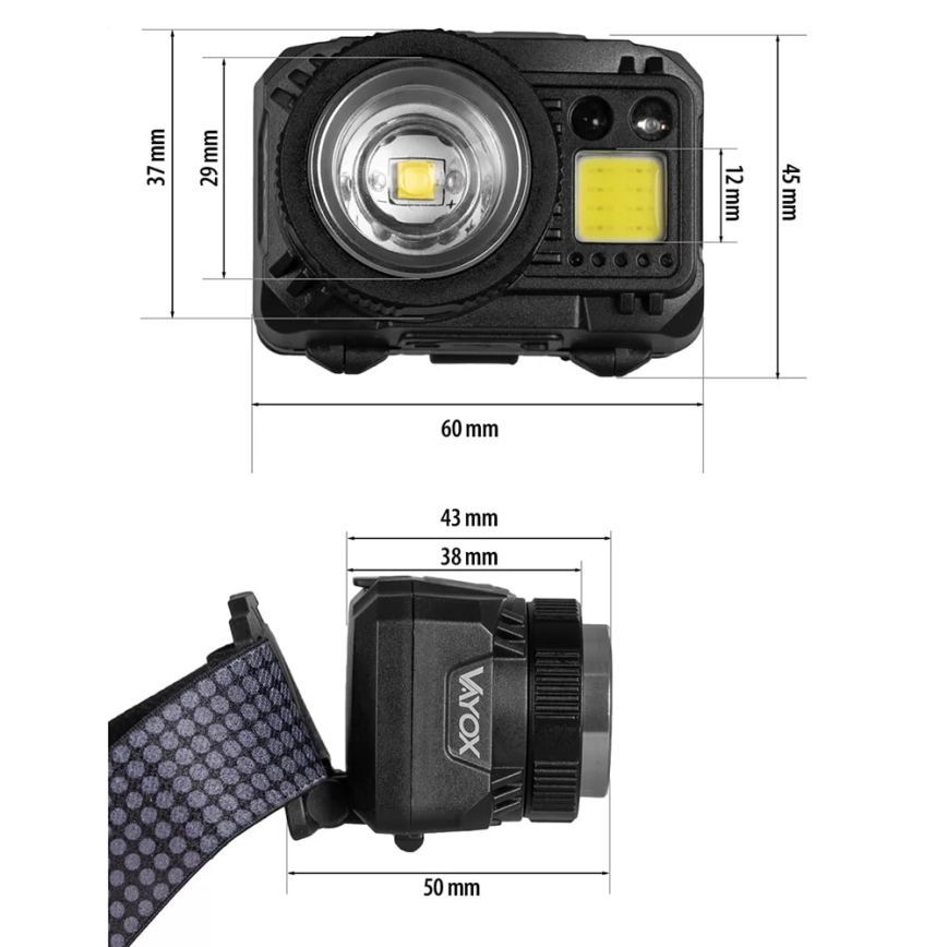 Dimmbare, aufladbare LED-Stirnlampe mit Sensor und rotem Licht LED/6W/5V/3xAAA IP44 500 glänzend 1200 mAh