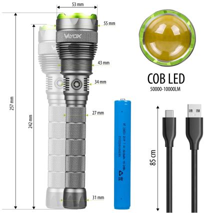 Dimmbare, aufladbare LED-Taschenlampe mit Powerbank Funktion LED/5V IPX7 10000 glänzend 2600 mAh