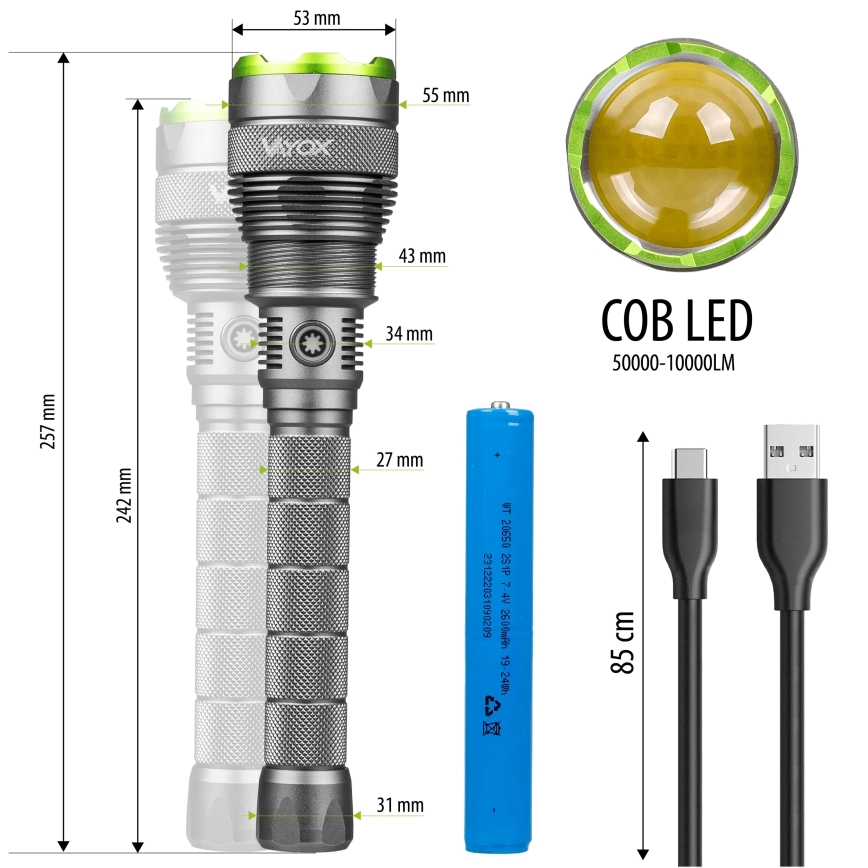 Dimmbare, aufladbare LED-Taschenlampe mit Powerbank Funktion LED/5V IPX7 10000 glänzend 2600 mAh