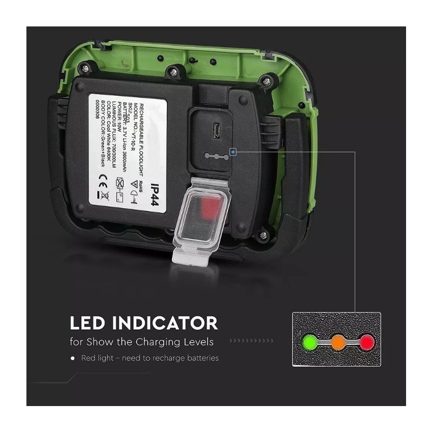 Aufladbarer LED-Strahler SAMSUNG CHIP LED/10W/3,7V IP44 6400K 3600 mAh grün