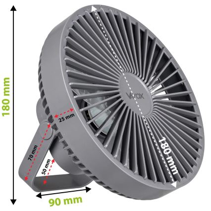 Aufladbarer LED-Tischventilator mit LED-Beleuchtung LED/2W/5V USB 2400 mAh grau