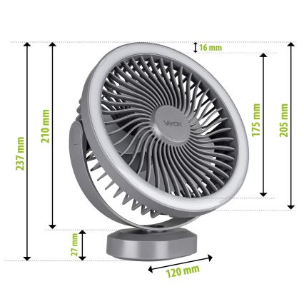 Aufladbarer LED-Tischventilator mit LED-Beleuchtung LED/3W/5V USB 2400 mAh grau