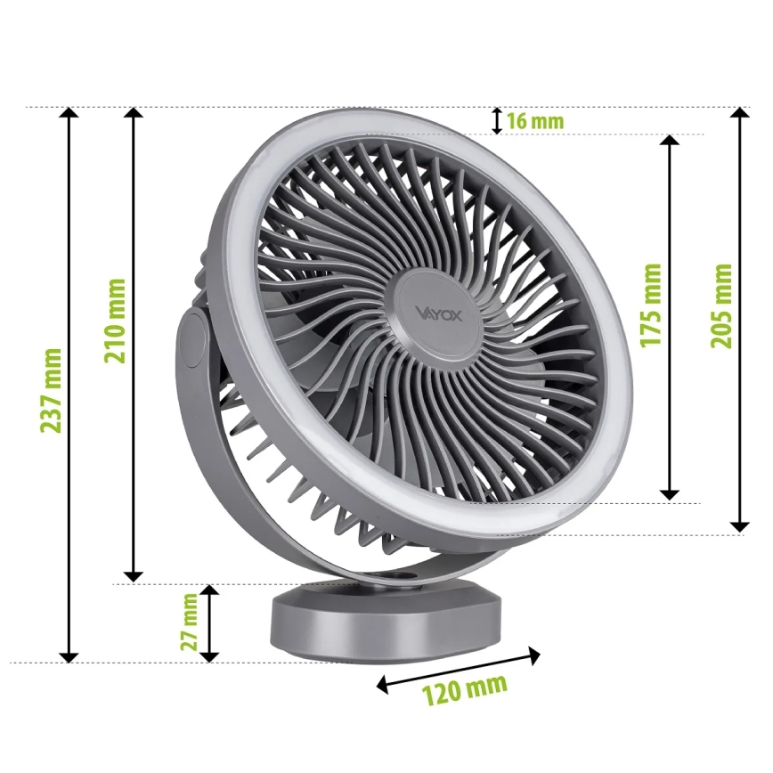 Aufladbarer LED-Tischventilator mit LED-Beleuchtung LED/3W/5V USB 2400 mAh grau