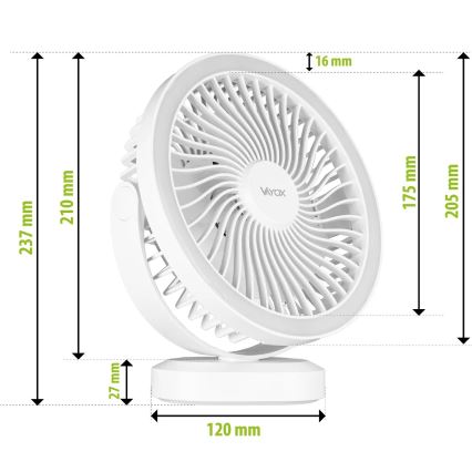 Aufladbarer LED-Tischventilator mit LED-Beleuchtung LED/3W/5V USB 2400 mAh weiß