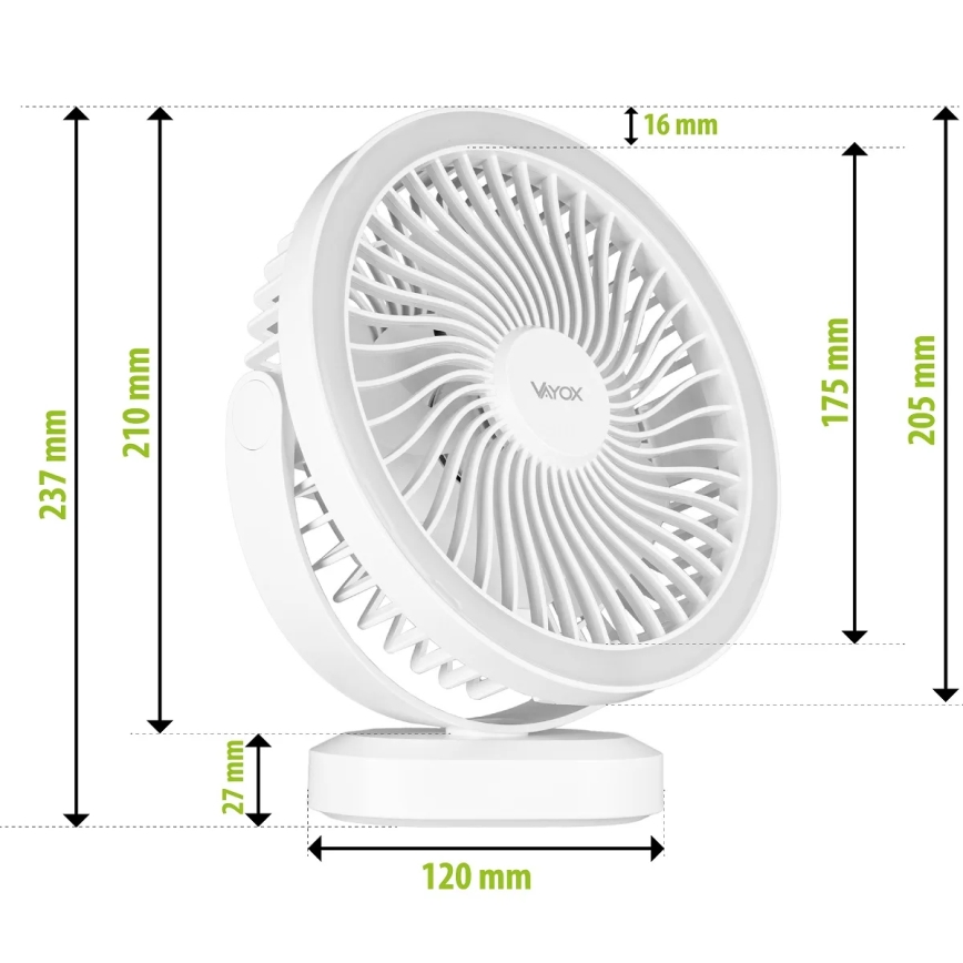 Aufladbarer LED-Tischventilator mit LED-Beleuchtung LED/3W/5V USB 2400 mAh weiß