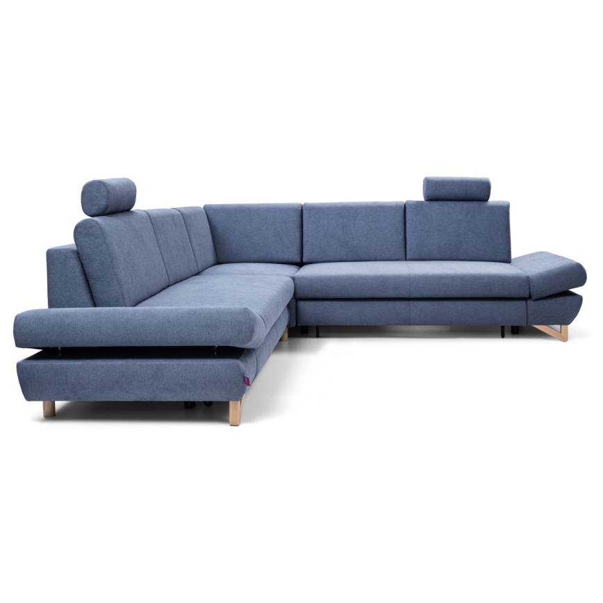 Ausklappbares, gepolstertes Ecksofa mit Stauraum in L‑Form AVESTA, blau