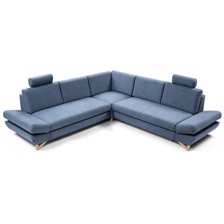 Ausklappbares, gepolstertes Ecksofa mit Stauraum in L‑Form AVESTA, blau