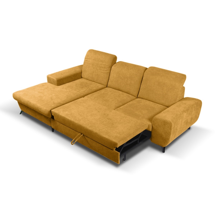 Ausklappbares, gepolstertes Ecksofa ALTA in L-Form, links, gelb, mit Stauraum