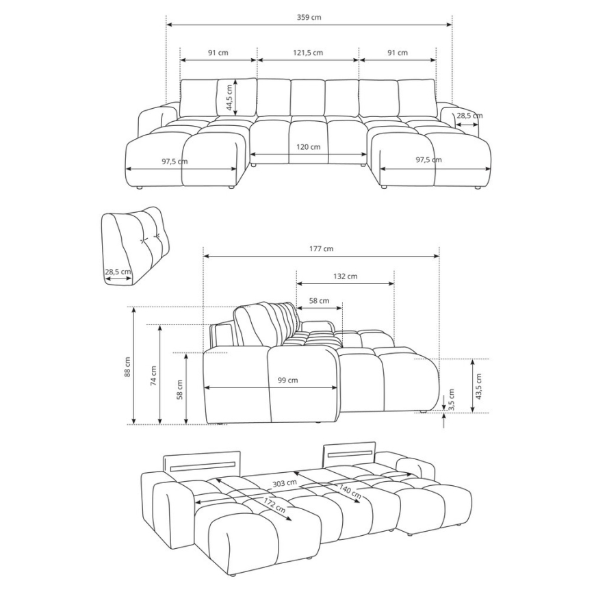 Ausklappbare, gepolsterte U‑förmige Polstergarnitur mit Stauraum ALMADA, beige