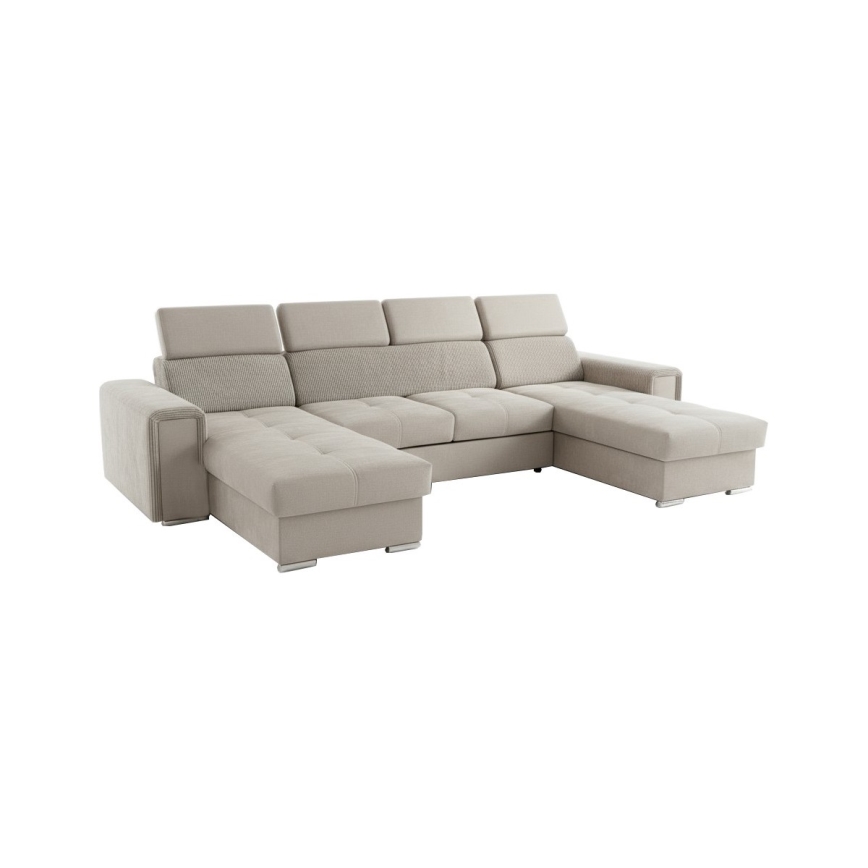 Ausziehbare Polstergarnitur in U‑Form mit universell positionierbarem Eckteil und Stauraum SALVADA, beige