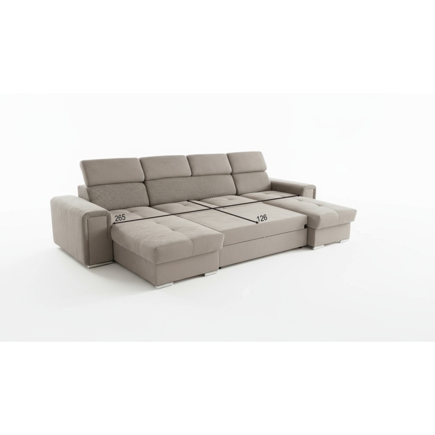 Ausziehbare Polstergarnitur in U‑Form mit universell positionierbarem Eckteil und Stauraum SALVADA, beige