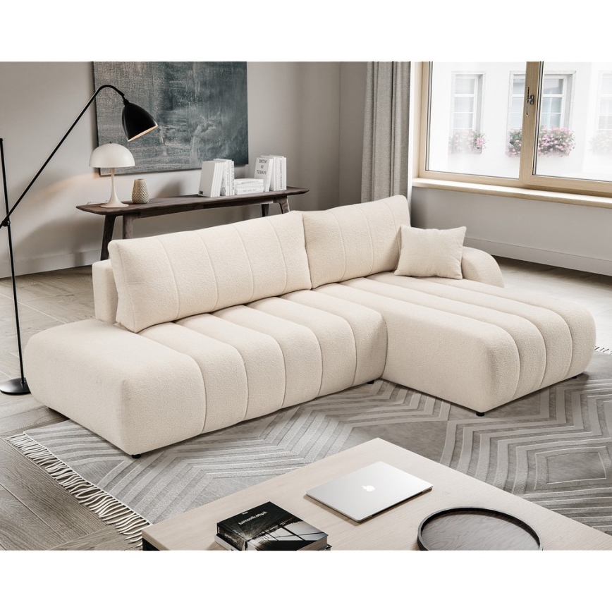 Ausklappbares Ecksofa mit Stauraum in L-Form DESIO, rechts, Beige