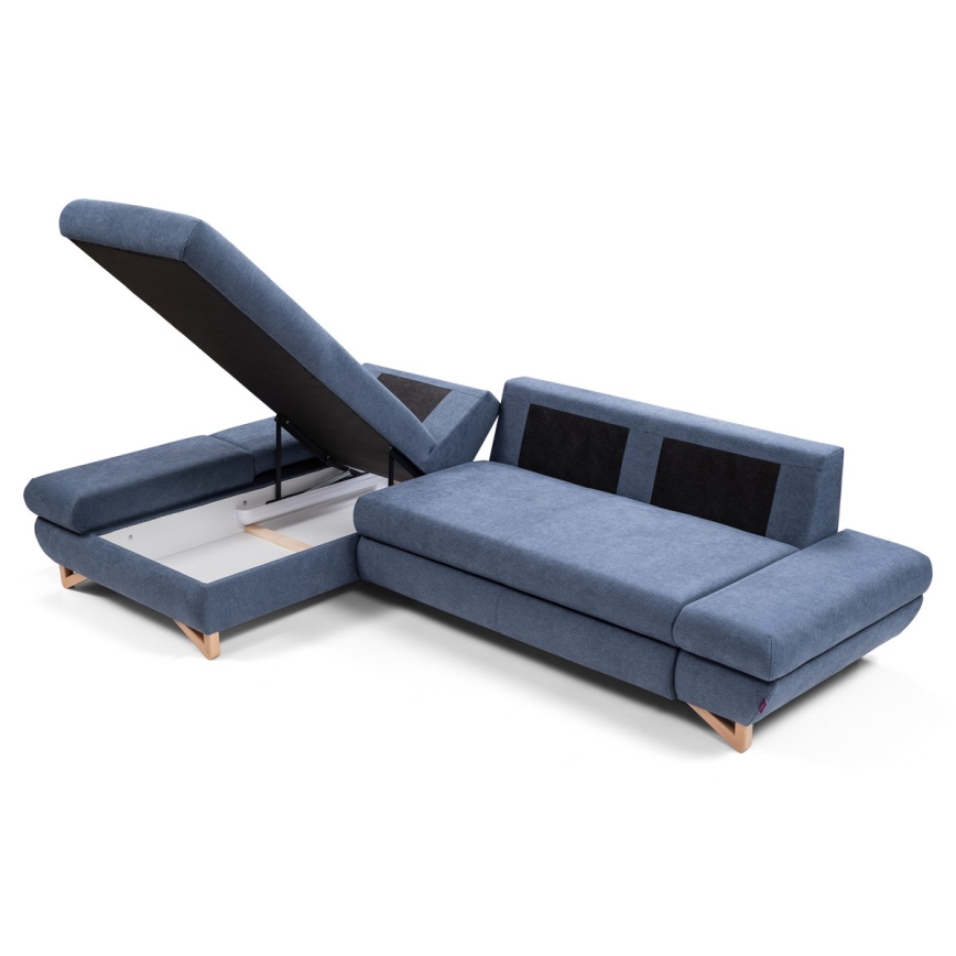 Gepolstertes, ausklappbares Ecksofa AVESTA in L‑Form mit Stauraum, links, blau