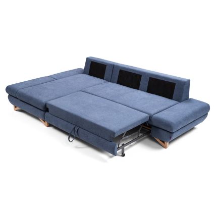 Gepolstertes, ausklappbares Ecksofa AVESTA in L‑Form mit Stauraum, links, blau