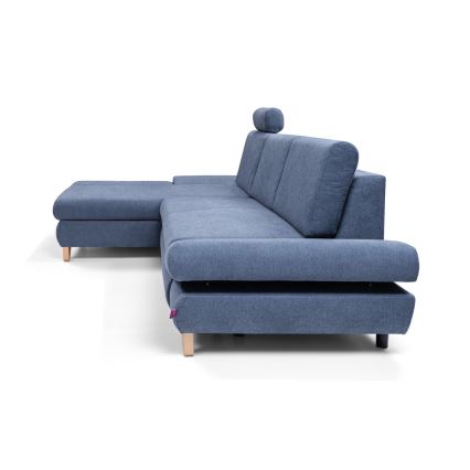 Gepolstertes, ausklappbares Ecksofa AVESTA in L‑Form mit Stauraum, links, blau