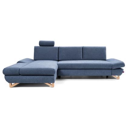 Gepolstertes, ausklappbares Ecksofa AVESTA in L‑Form mit Stauraum, links, blau