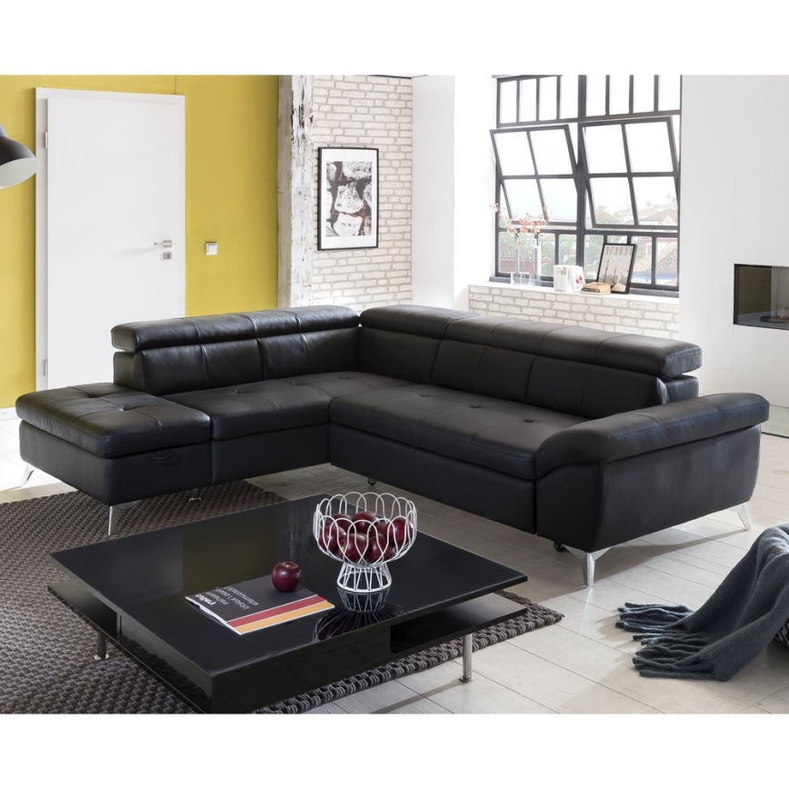 Ausziehbare Eckledercouch in L-Form SALERNO II links, schwarz