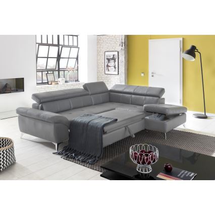 Ausziehbare Eckledergarnitur in L-Form SALERNO II, rechts, grau