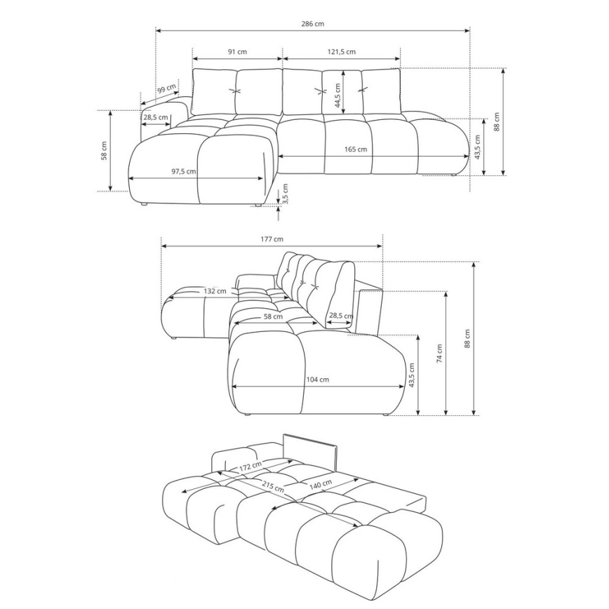 Ausziehbares, gepolstertes Ecksofa ALMADA in L-Form (links) mit Stauraum, beige