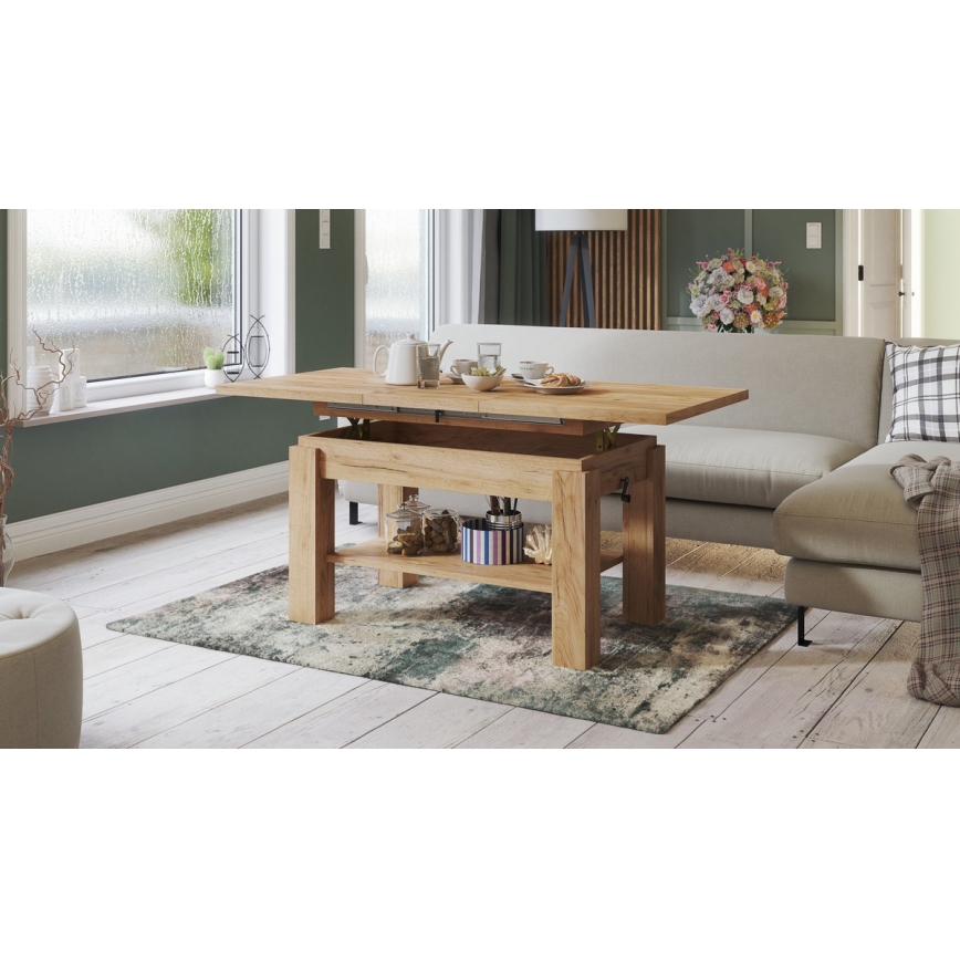 Ausziehbarer Couchtisch ADONIS mit Ablage, 110/150x68 cm, Craft-Eiche